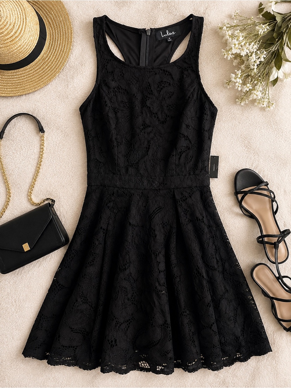 NWT Lulus Black Lace Fit & Flare Cocktail Dress Size Small Open Back